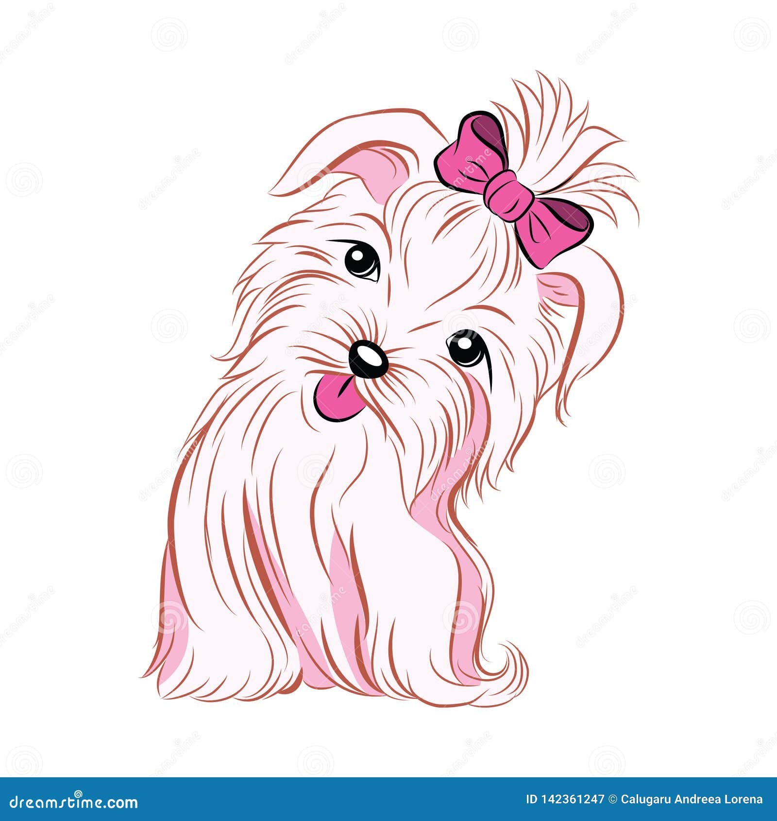 Cão cor-de-rosa bonito da menina que mostra sua língua, raça do yorkie, cachorrinho peludo macio, com uma curva