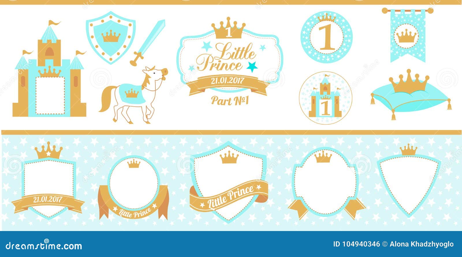 Decor De Partie De Prince De Bleu Et D Or Positionnement Medieval Elements Mignons De Calibre De Carte De Joyeux Anniversaire Illustration De Vecteur Illustration Du Conception Etiquettes