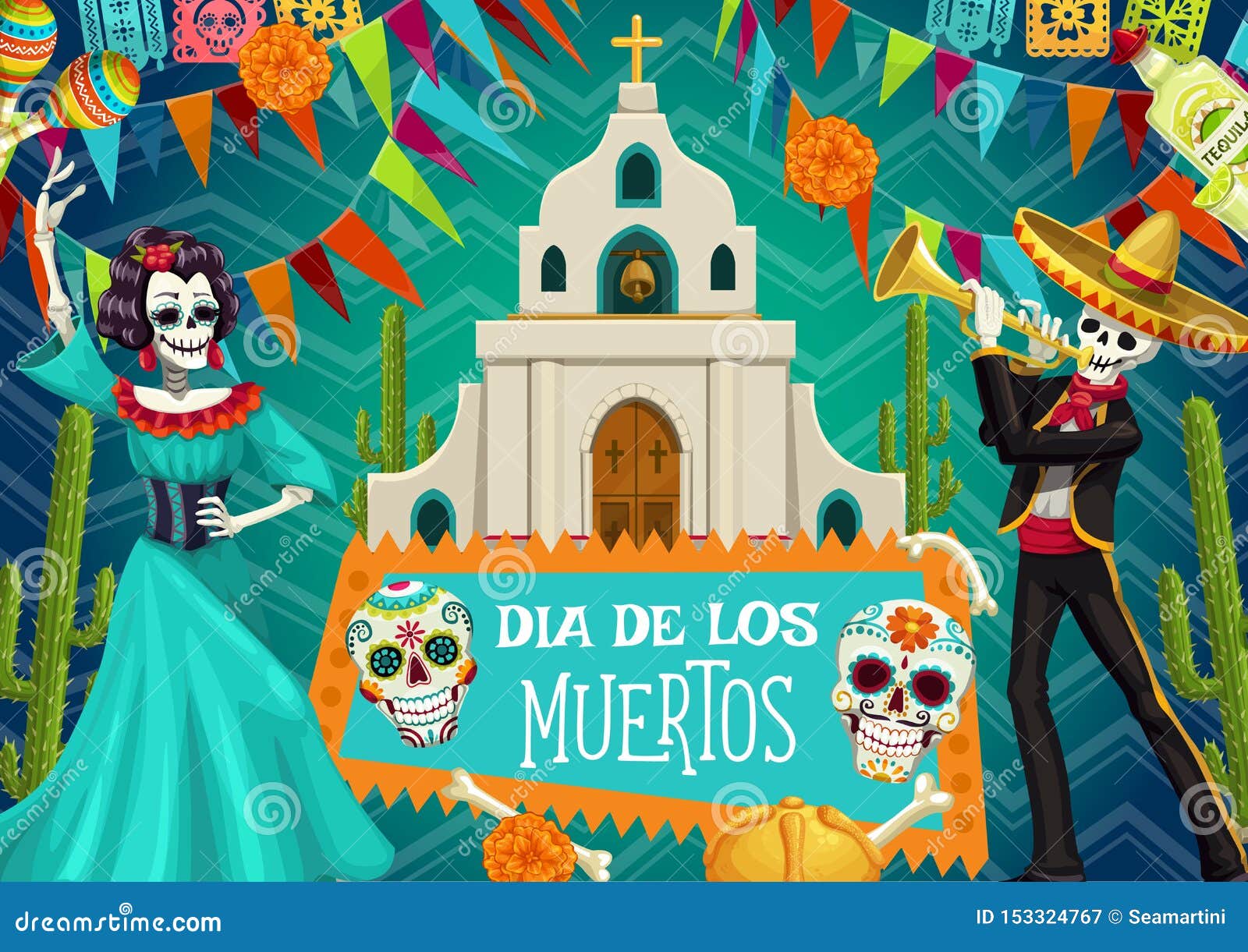 Día De Dia De Los Muertos Spanish De Esqueletos Muertos Ilustración del  Vector - Ilustración de partido, cruz: 153324767