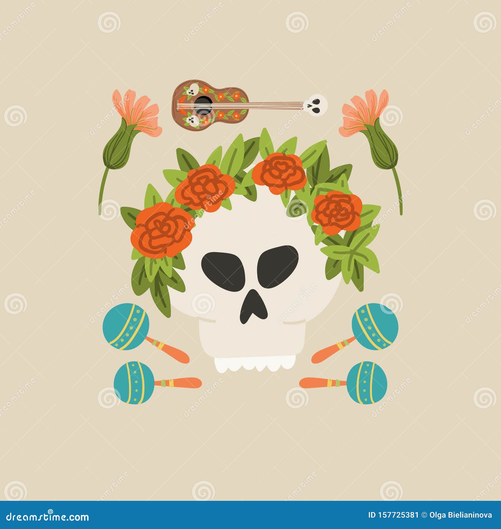 Día De Los Muertos, Dibujo a Mano Del Cráneo Al Estilo De Doodle De Dibujos  Animados Con El Concepto De Flores Stock de ilustración - Ilustración de  noviembre, guitarra: 157725381