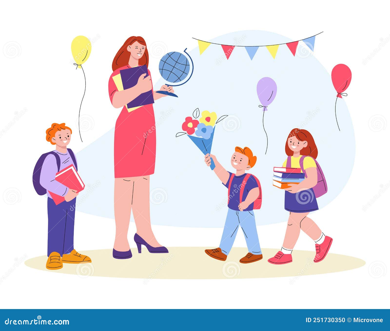 Día Del Profesor. Profesor De Guardería Y Niño Pequeño Y Feliz Con Flores.  Niños Sonrientes Dan Regalos a Una Joven Mujer. Cumplea Ilustración del  Vector - Ilustración de sonrisa, aprenda: 251730350