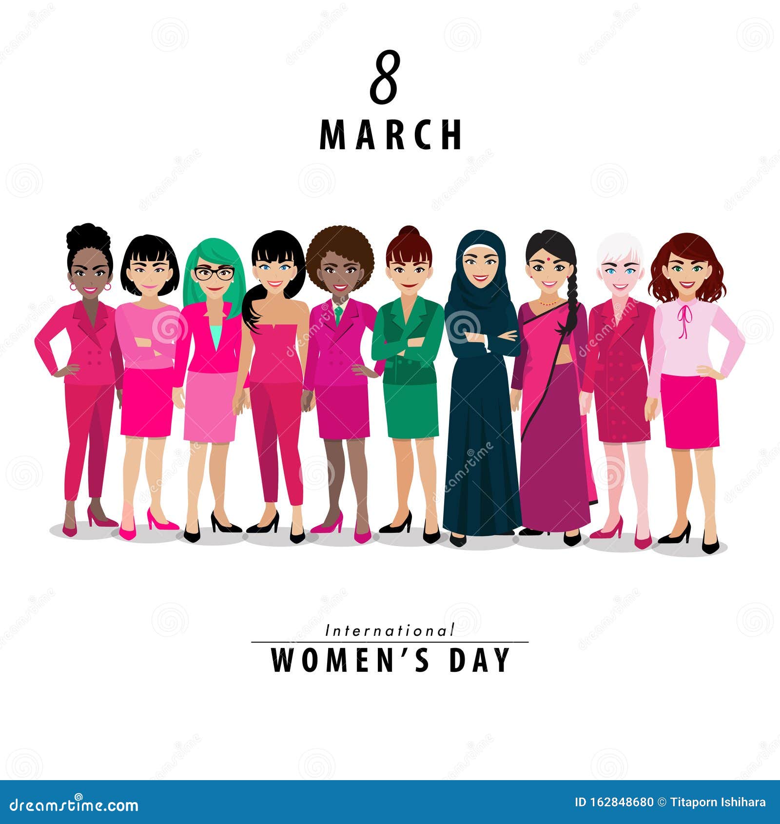 Día Internacional De La Mujer Con Diferentes Nacionalidades Y Estilos De  Vestir Juntos Vector Ilustración del Vector - Ilustración de cara, moderno:  162848680