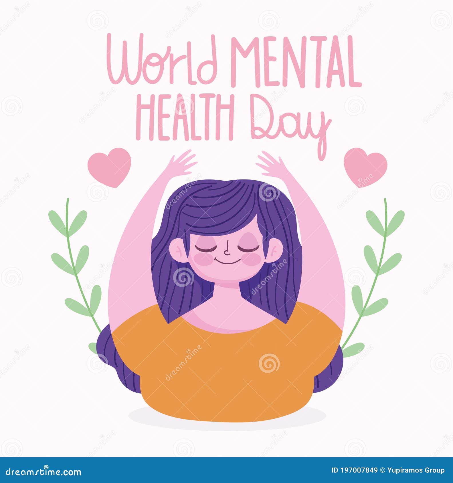 Día Mundial De La Salud Mental Mujer Sonriente Corazón Amor Ramas Deja  Dibujos Animados Ilustración del Vector - Ilustración de mundo, salud:  197007849