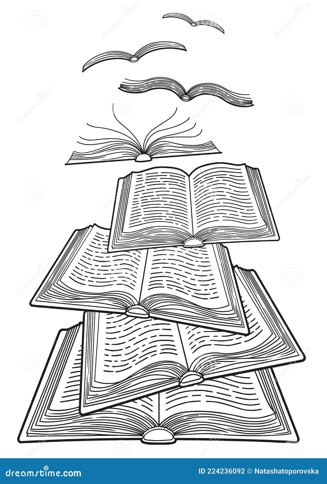 Día mundial del libro. libros abiertos aislados. doodle detallado