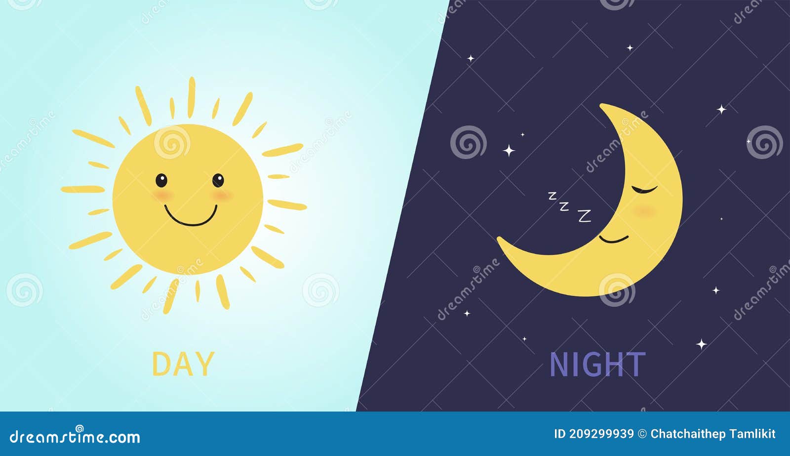 Día Y Noche. Personaje De Dibujos Animados Sonrientes De Sol Lindo. Luna.  Vector Ilustración del Vector - Ilustración de brillante, aislado: 209299939