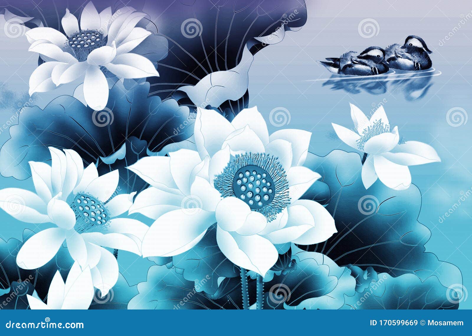 3d壁画花壁纸白色花的蓝色背景库存例证 插画包括有庭院 春天 横向 绽放 天空 叶子