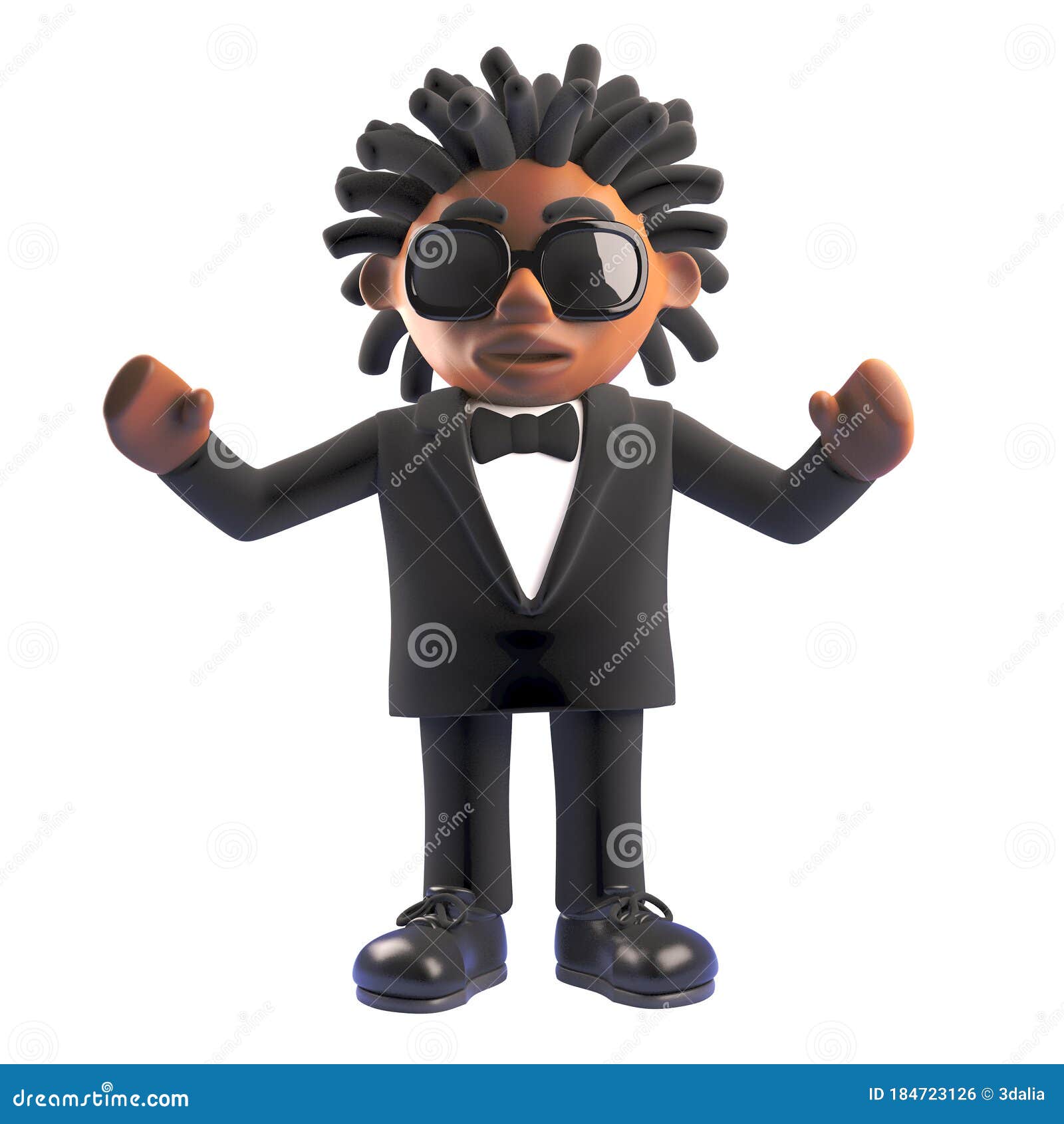 3d african american singer entertainer in tuxedo with arms in the air