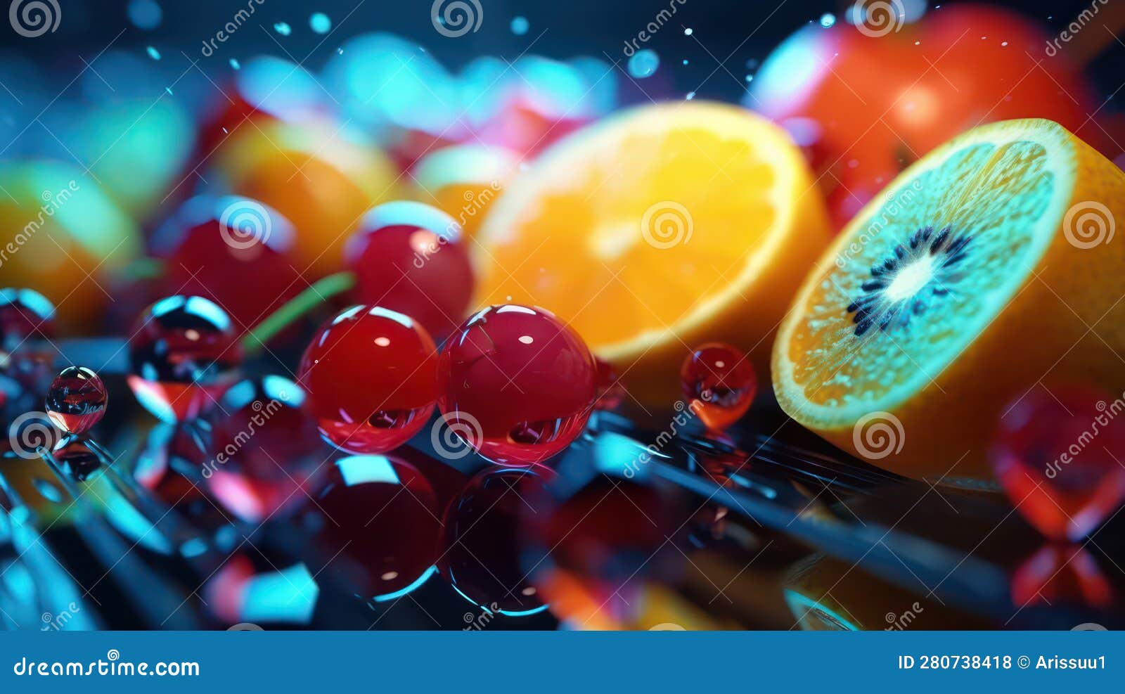 mix-fruits with water drops on a blurred bokeh background. 3d ai generated image.