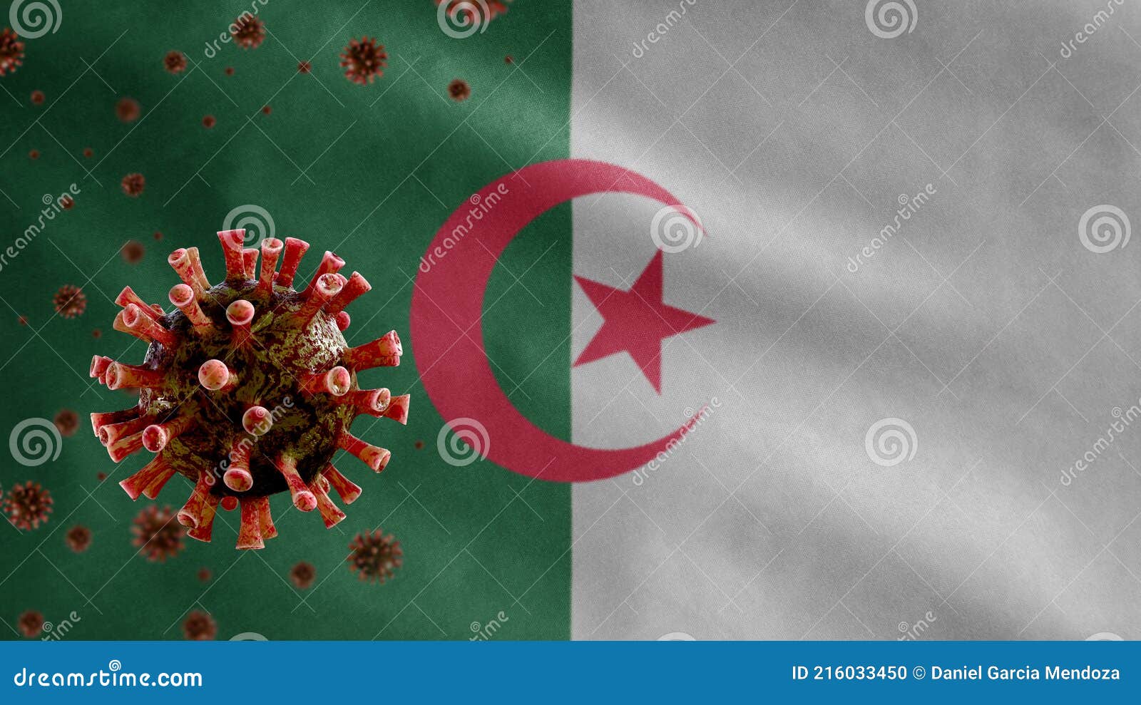 3d, algerian flag waving with coronavirus outbreak. pandemic covid 19 argelia