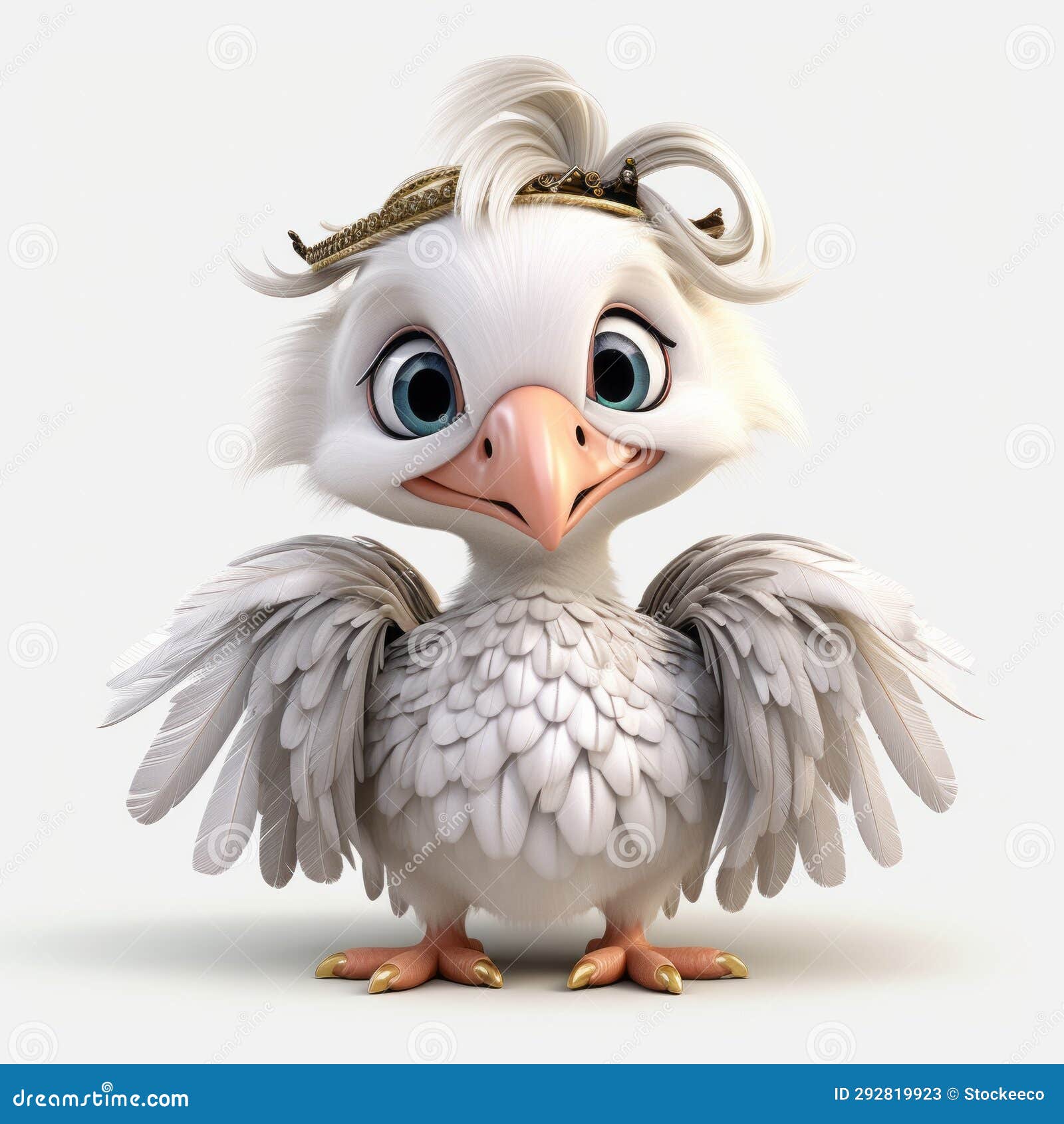 little cute pelican: high-quality 3d gull cartoon character with detailed feather rendering