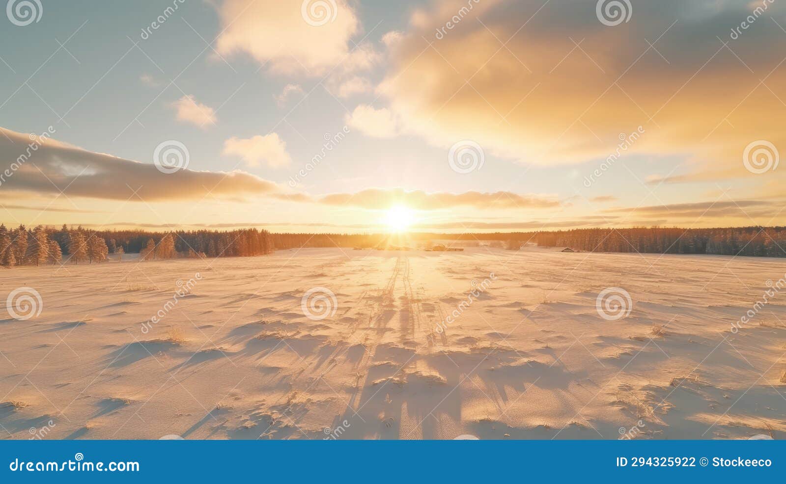 winter sunrise: scenic snow field with setting sun