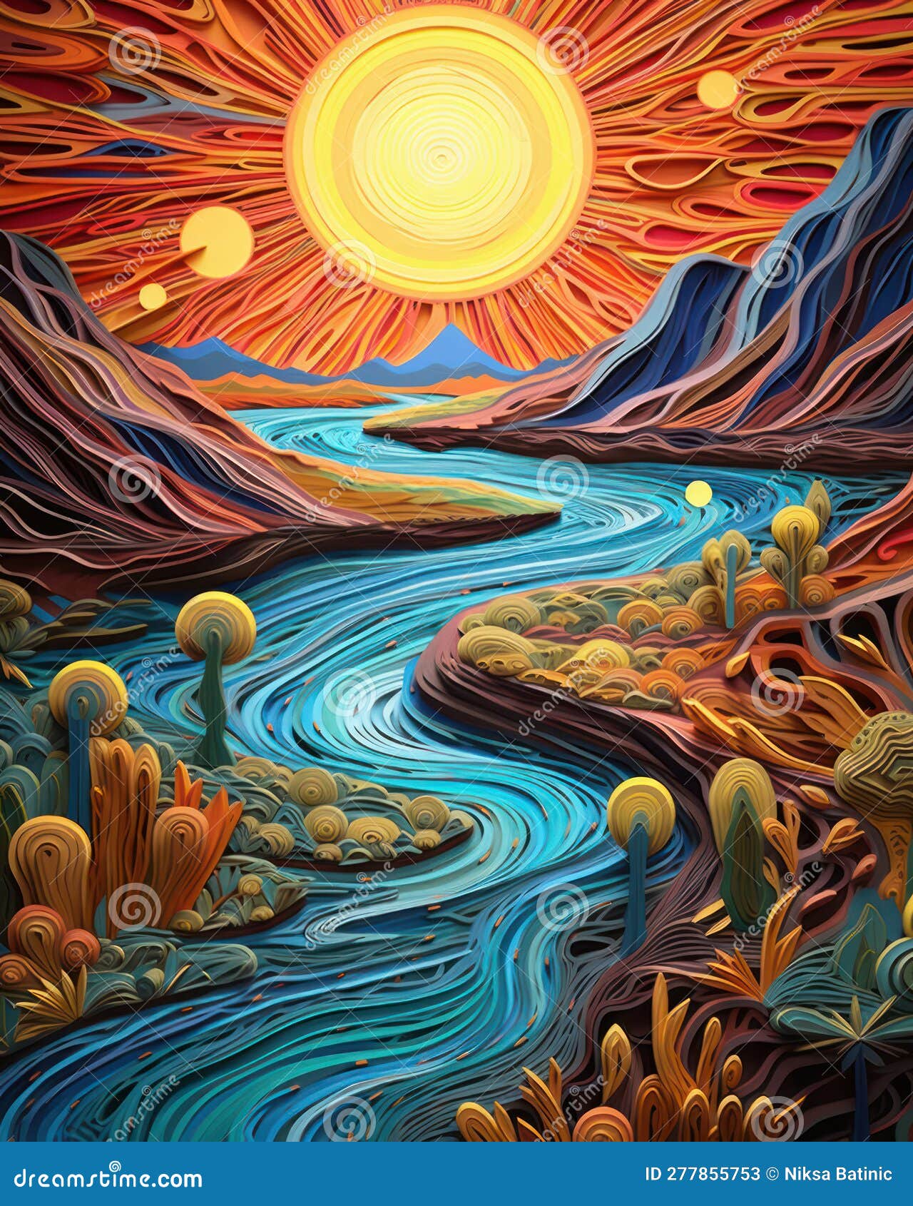 3d Art Papier Soleil Montagnes Et Rivière En Harmonie. Ai Généré