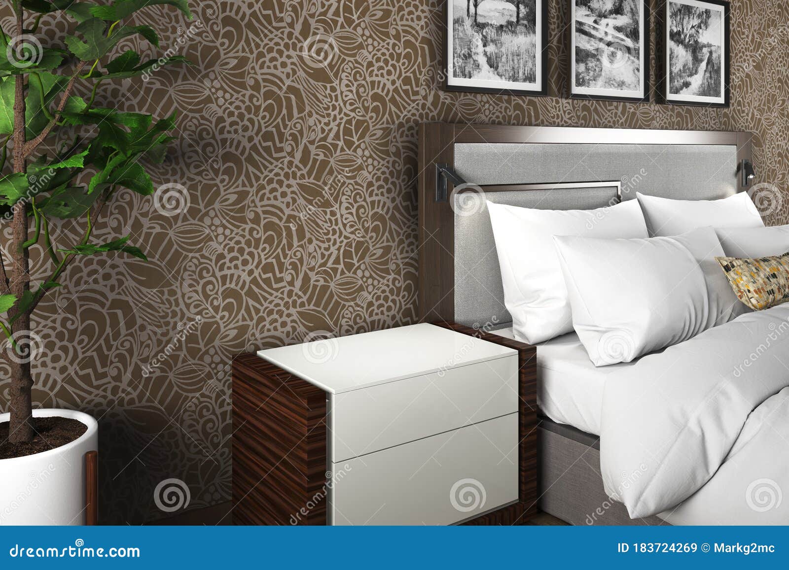 3D Artwork Rendering Illustration / Bedroom Bed Side Table Nightstand