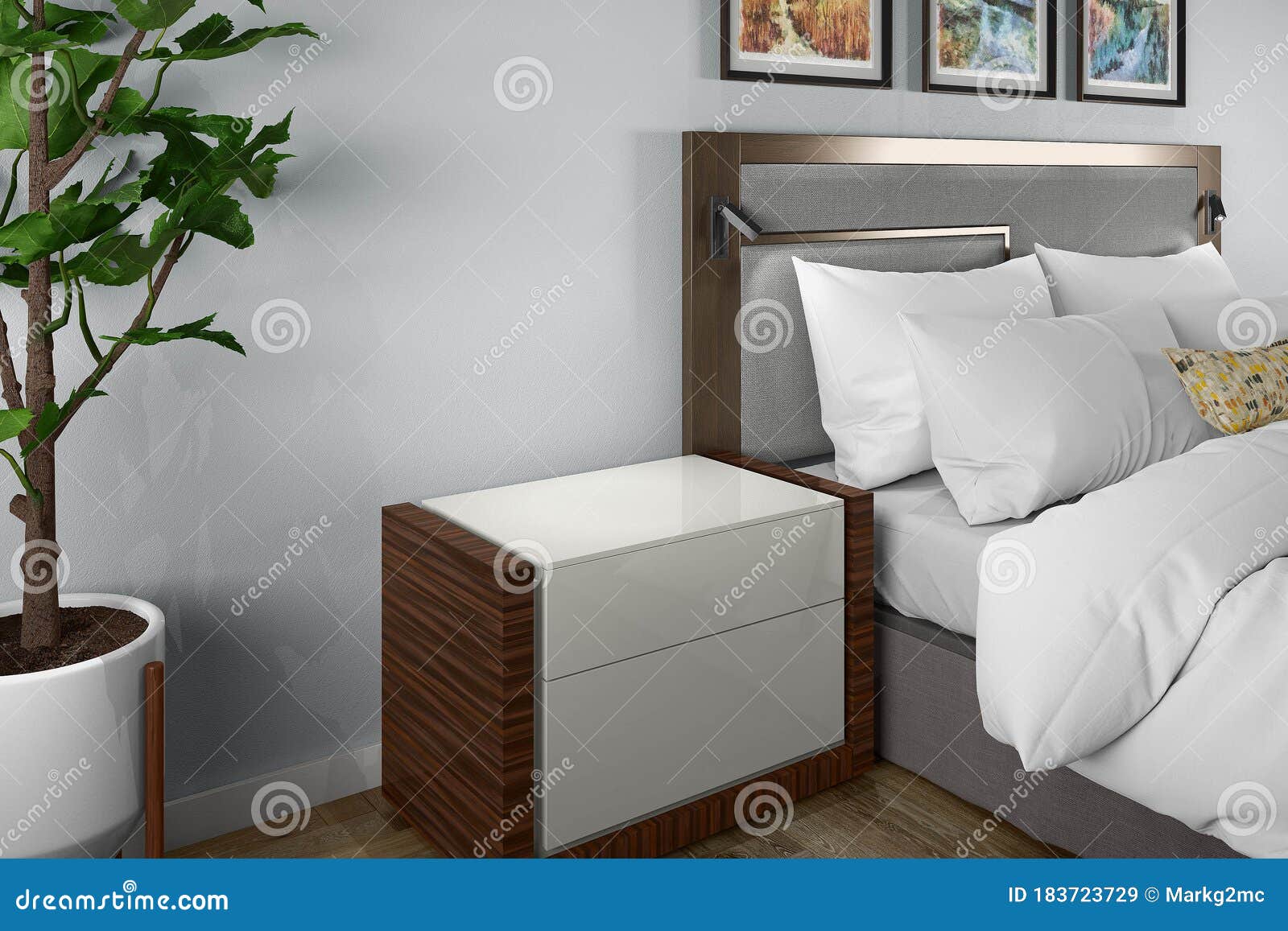 3D Artwork Rendering Illustration / Bedroom Bed Side Table Nightstand