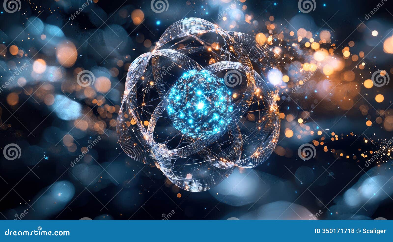 3d atomic structure in dark blue space, holographic glowing sphere of blue energy on abstract background. concept of quantum