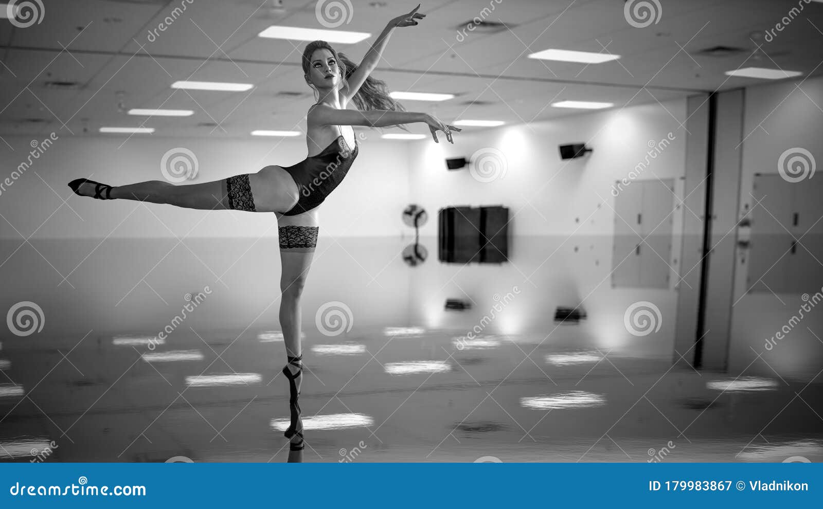 3D Ballerina In Light Classic Pointe Shoes And Bodysuit Stock