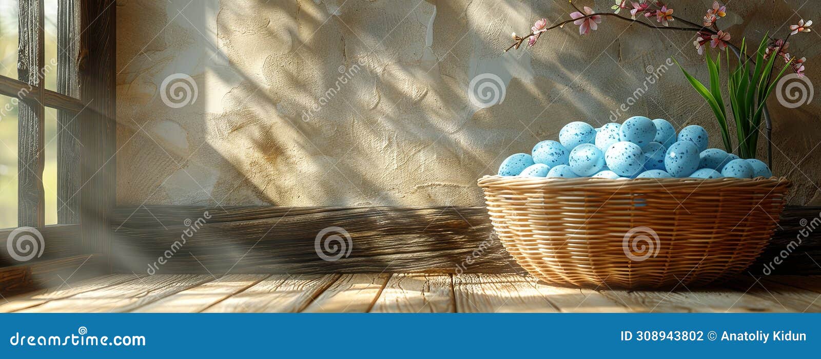 3d basket filled with blue eggs on wooden floor, in the style of d canvas. generative ai