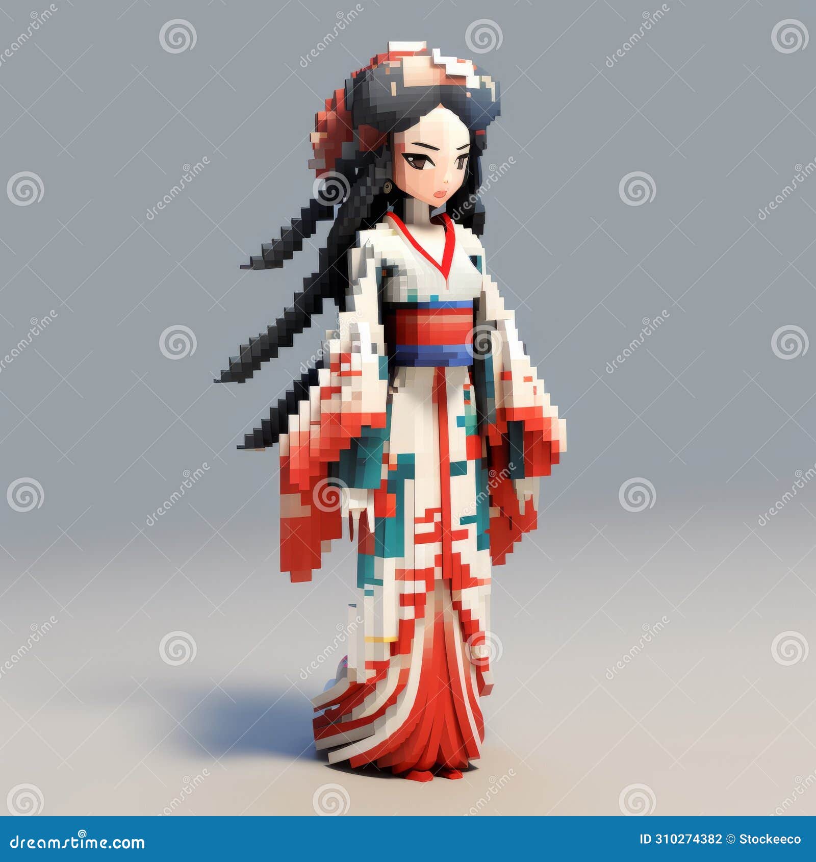 3d 8 bit pixel cartoon of ava in kimono - full body