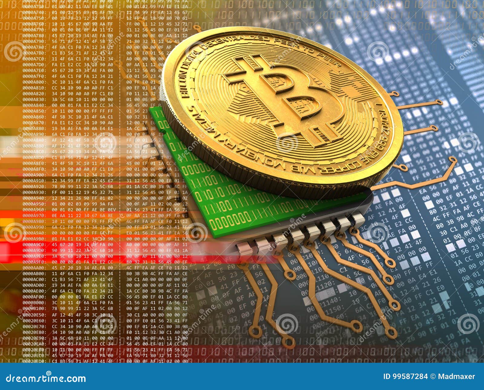 3d bitcoin with cpu orange stock illustration. Illustration of chip -  99587284