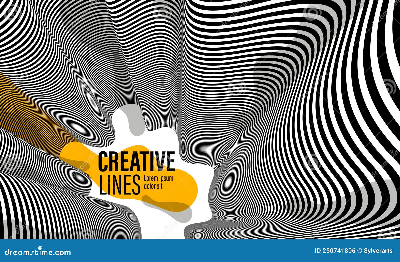 3D Black and White Lines in Perspective with Yellow Fluid Liquid Paint