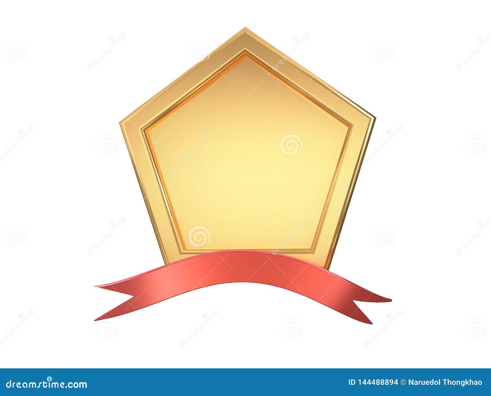 3d blank metallic gold five angle-square frame and red ribbon white background