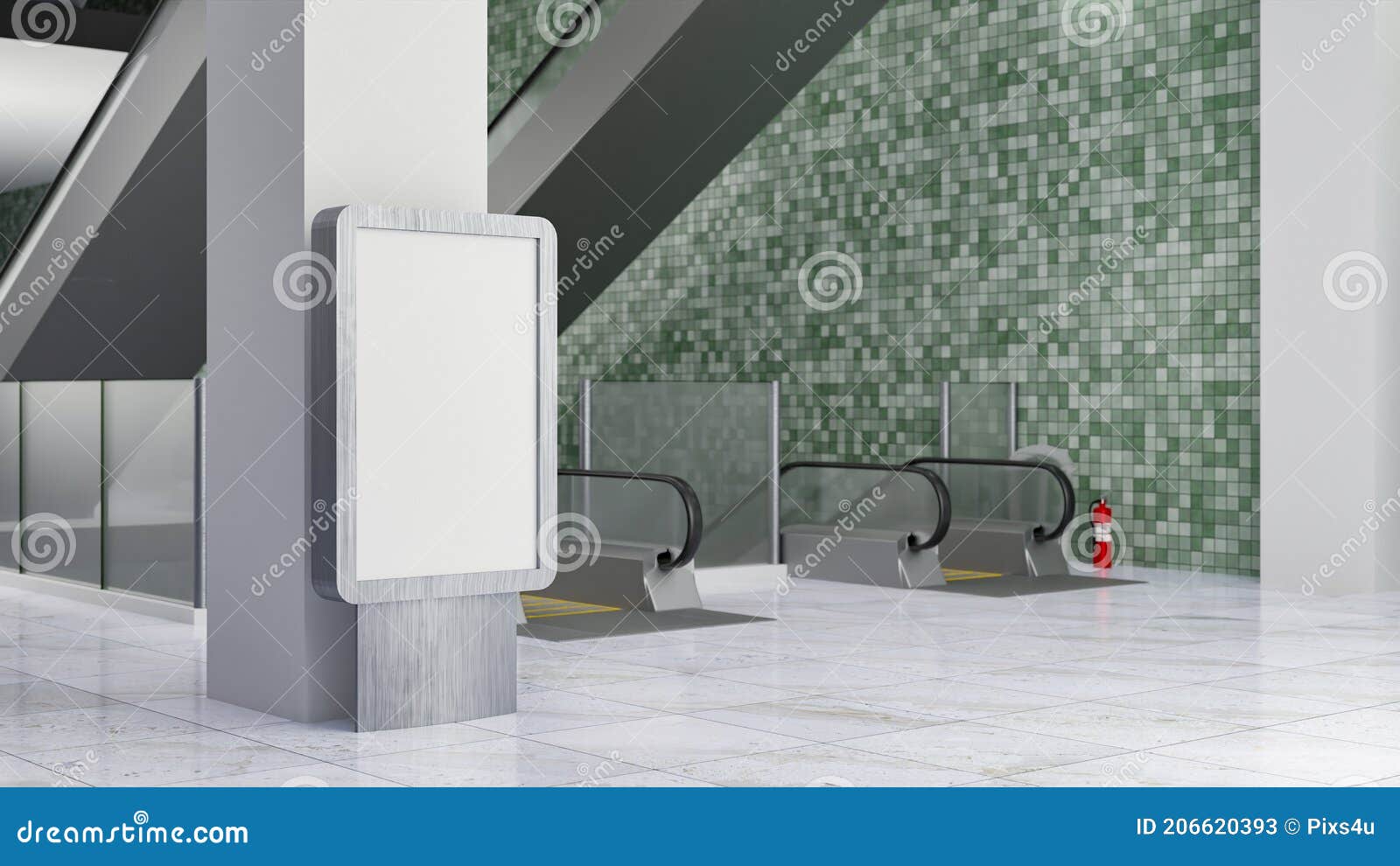 Download 3D Blank Mockup Advertising Signboard Stand With Pole Near Escalator Stock Illustration ...