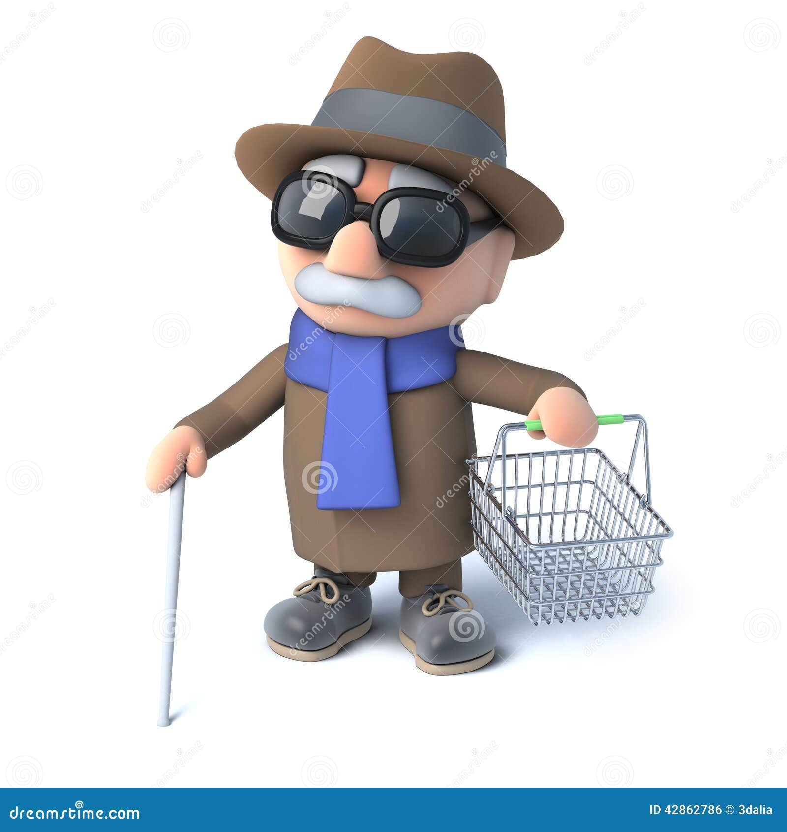 3d Blind Man Holding an Empty Shopping Basket Stock Illustration