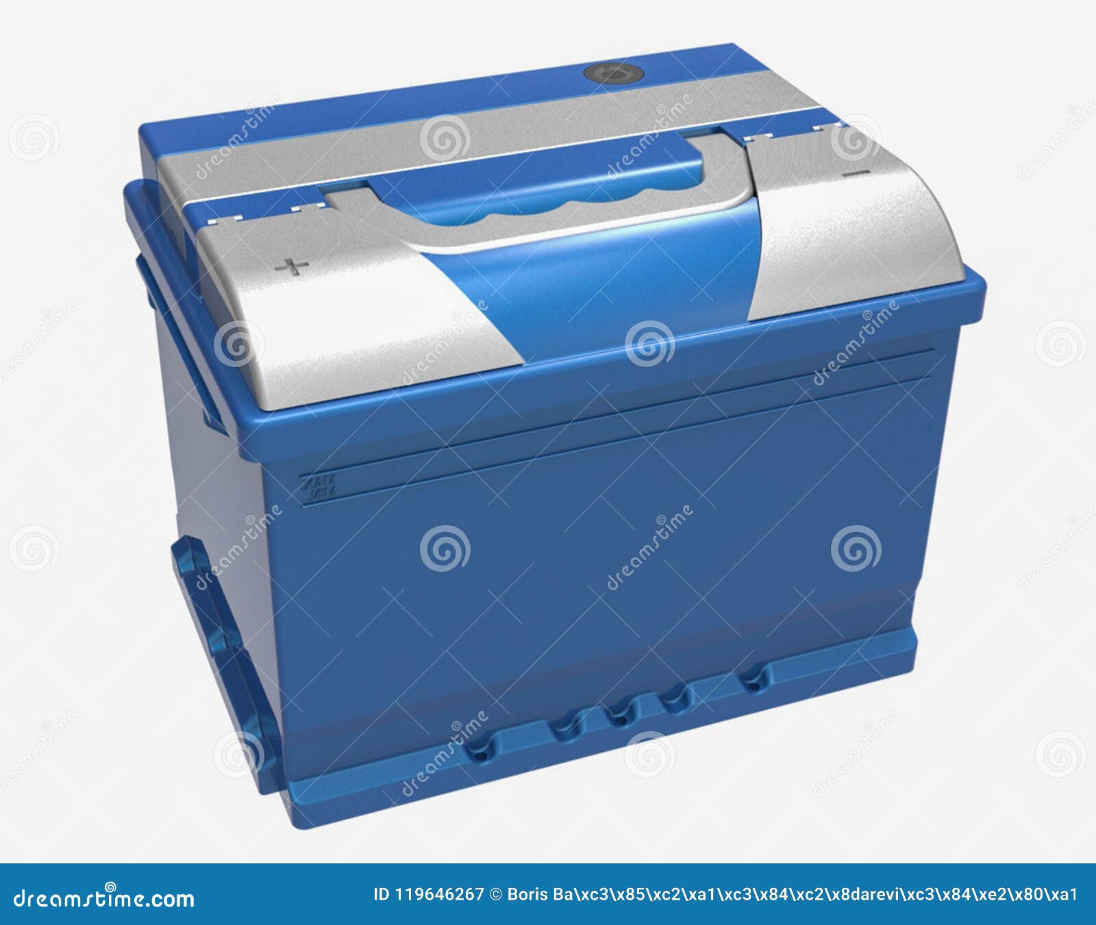 3D Blue Car Battery with Gray Terminal Covers on White Stock