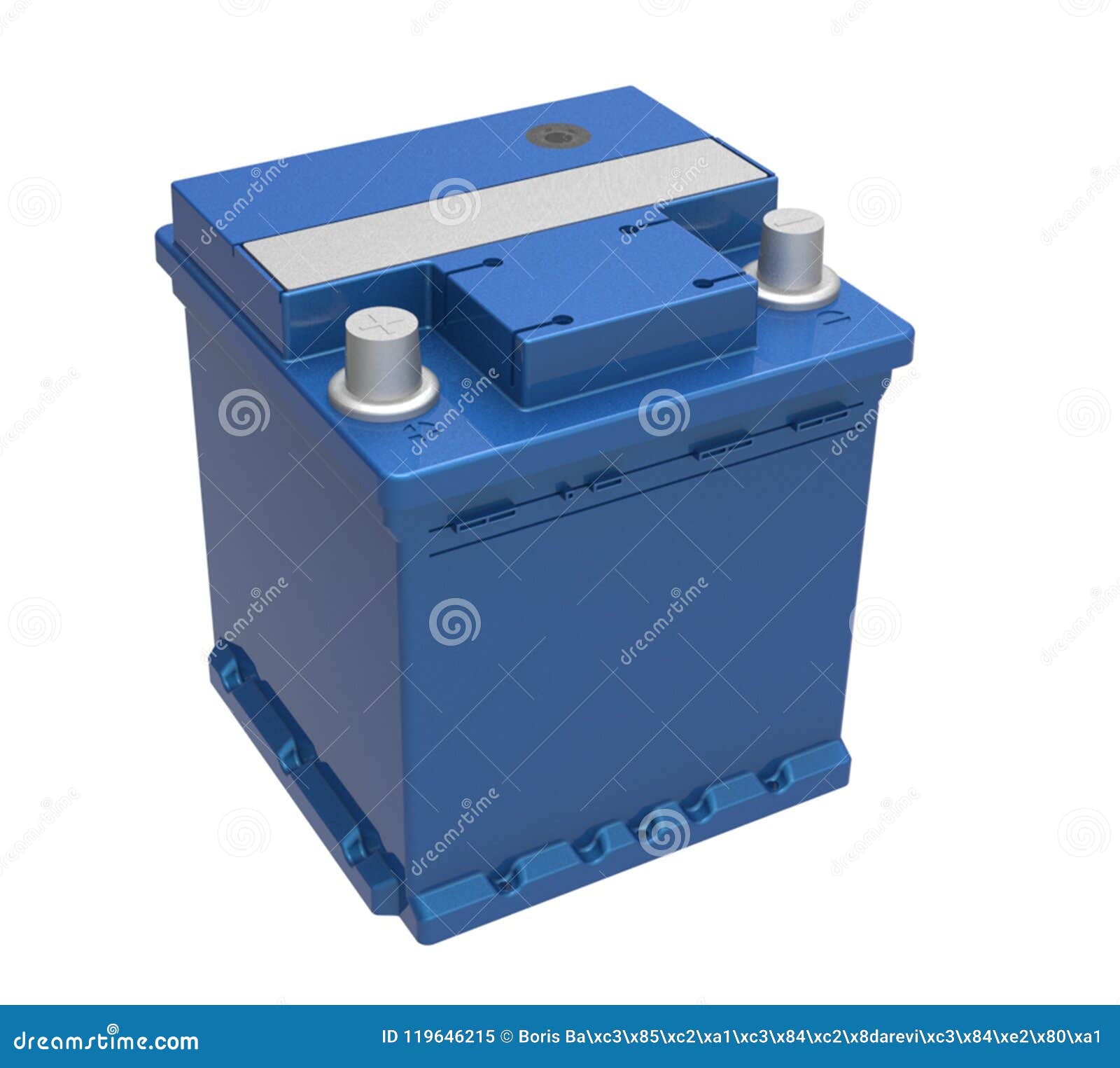 3D Blue Car Battery with Gray Terminals on White Stock Illustration