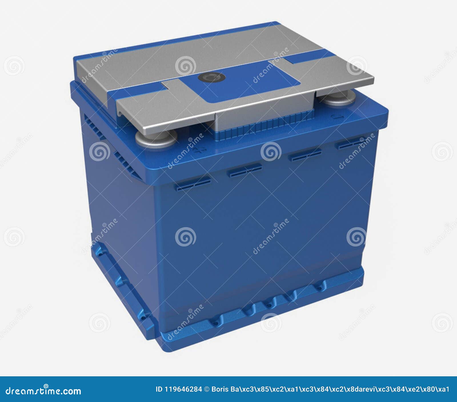 3D Blue Car Battery With Gray Terminals On White Stock Illustration