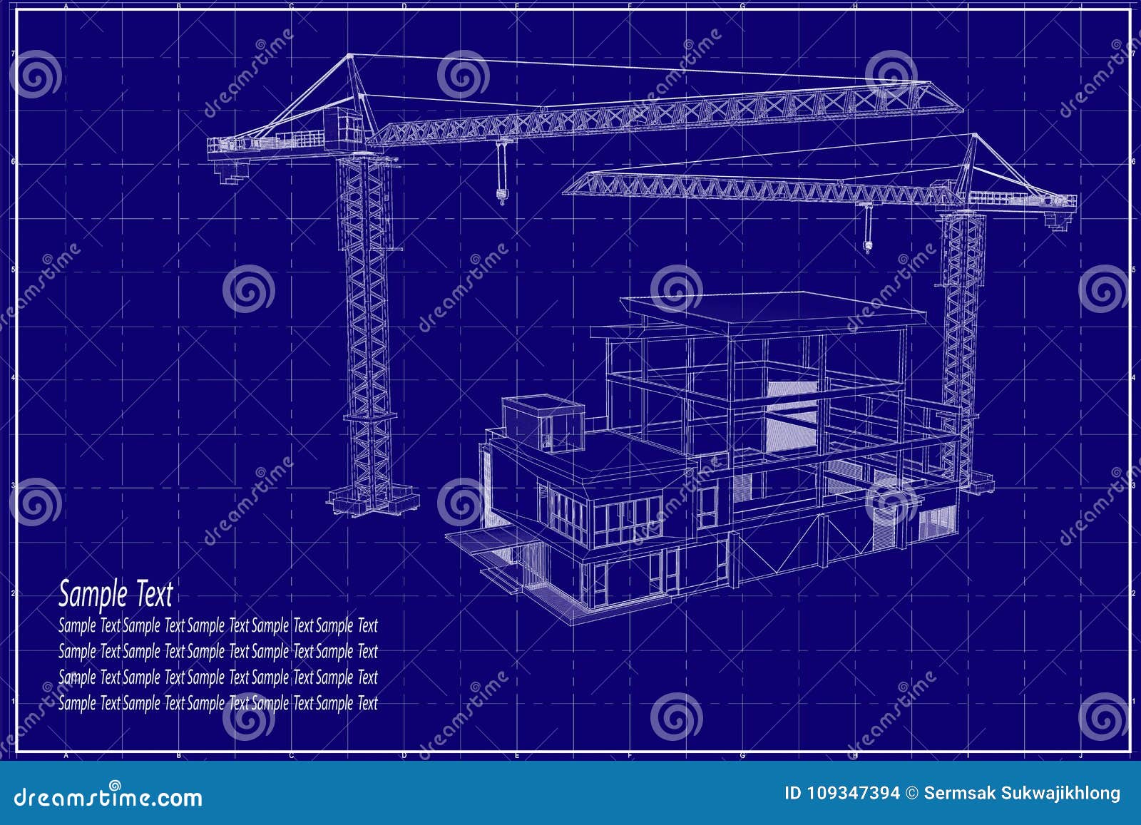 3D building on blueprint stock illustration. Illustration of