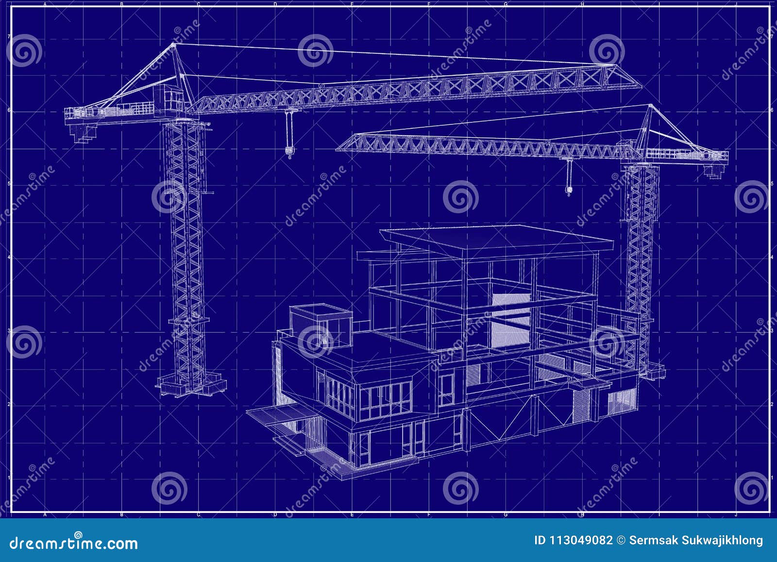 3D building on blueprint stock illustration. Illustration of print