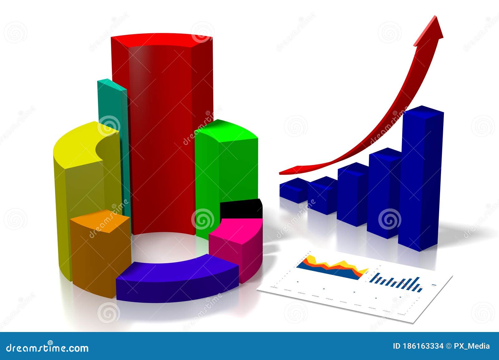 3D Business Charts Illustration, White Background Stock Illustration Chart Background White