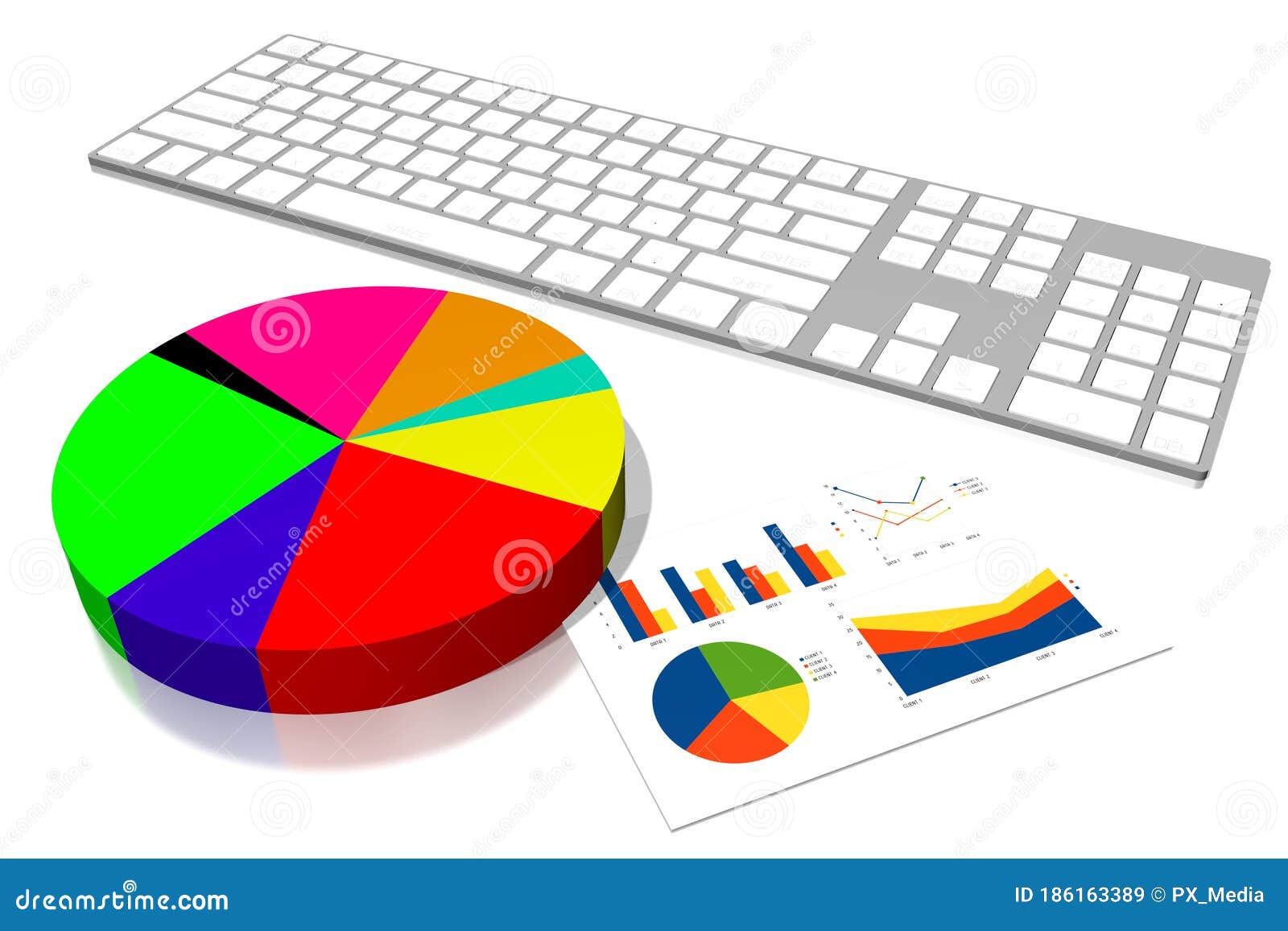 3D Business Charts, Keyboard, White Background Stock Illustration Chart Background White