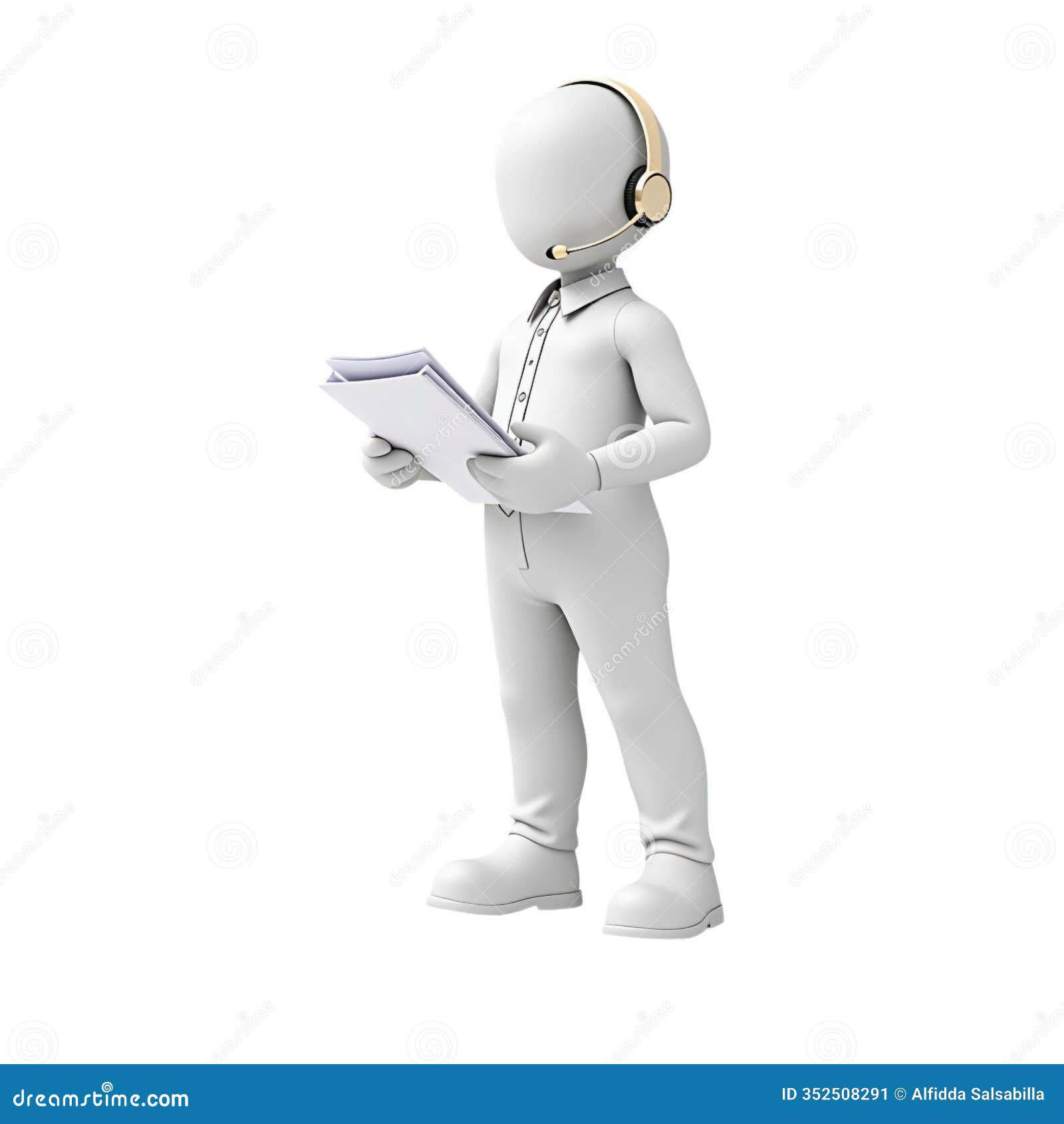 3d business figure with headset, standing, pointing