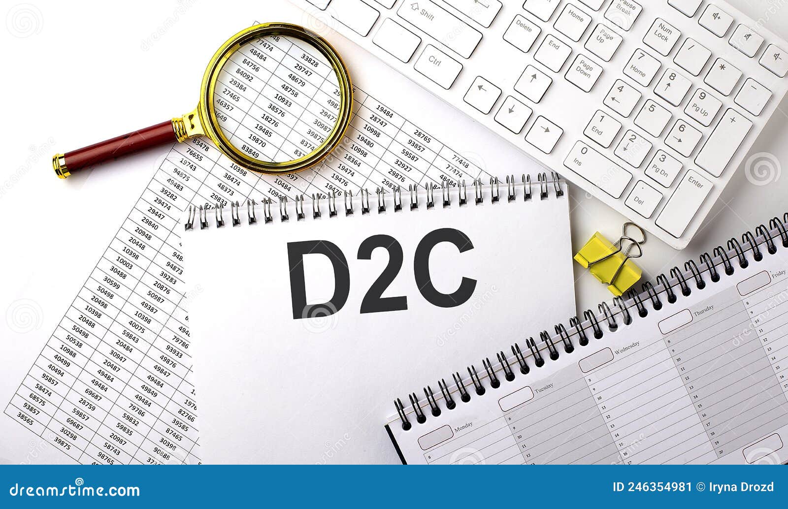 d2c text written on notebook on chart with keyboard and planning