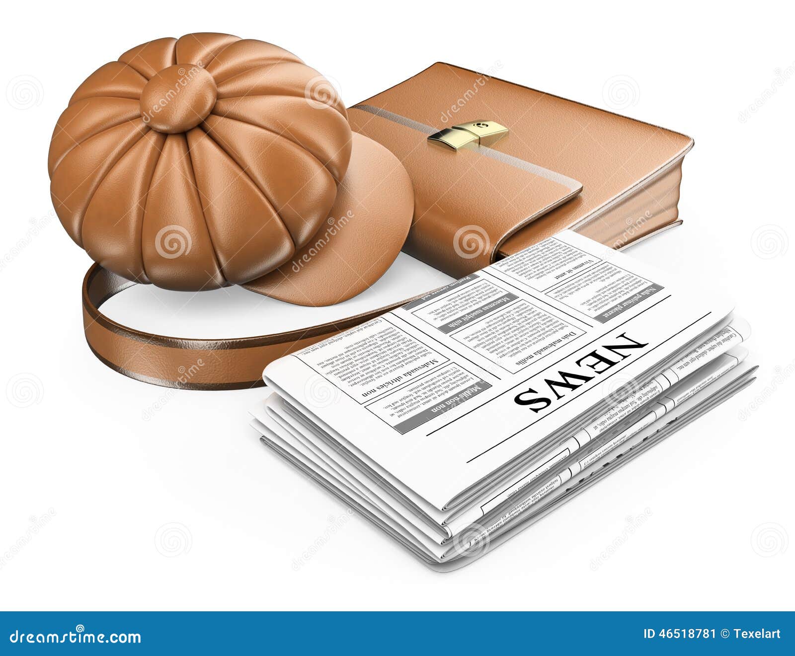 3D Cap Briefcase and Newspaper. Latest News Concept Stock Illustration