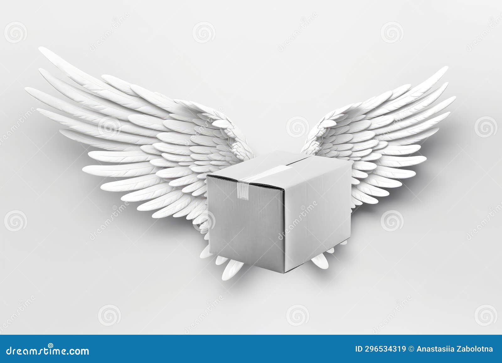 3D Cardboard Delivery Box with Angel Wings on White Background Stock
