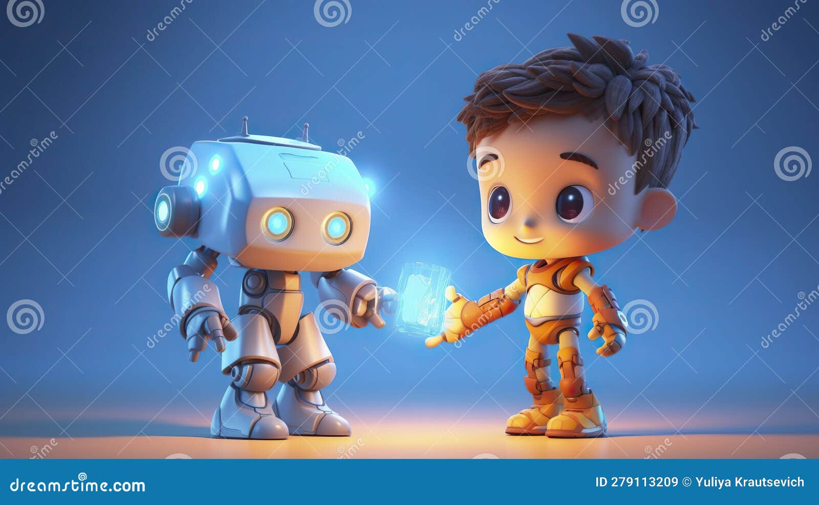3d Cartoon Boy with a Robot on a Blue Background. Generative AI Stock