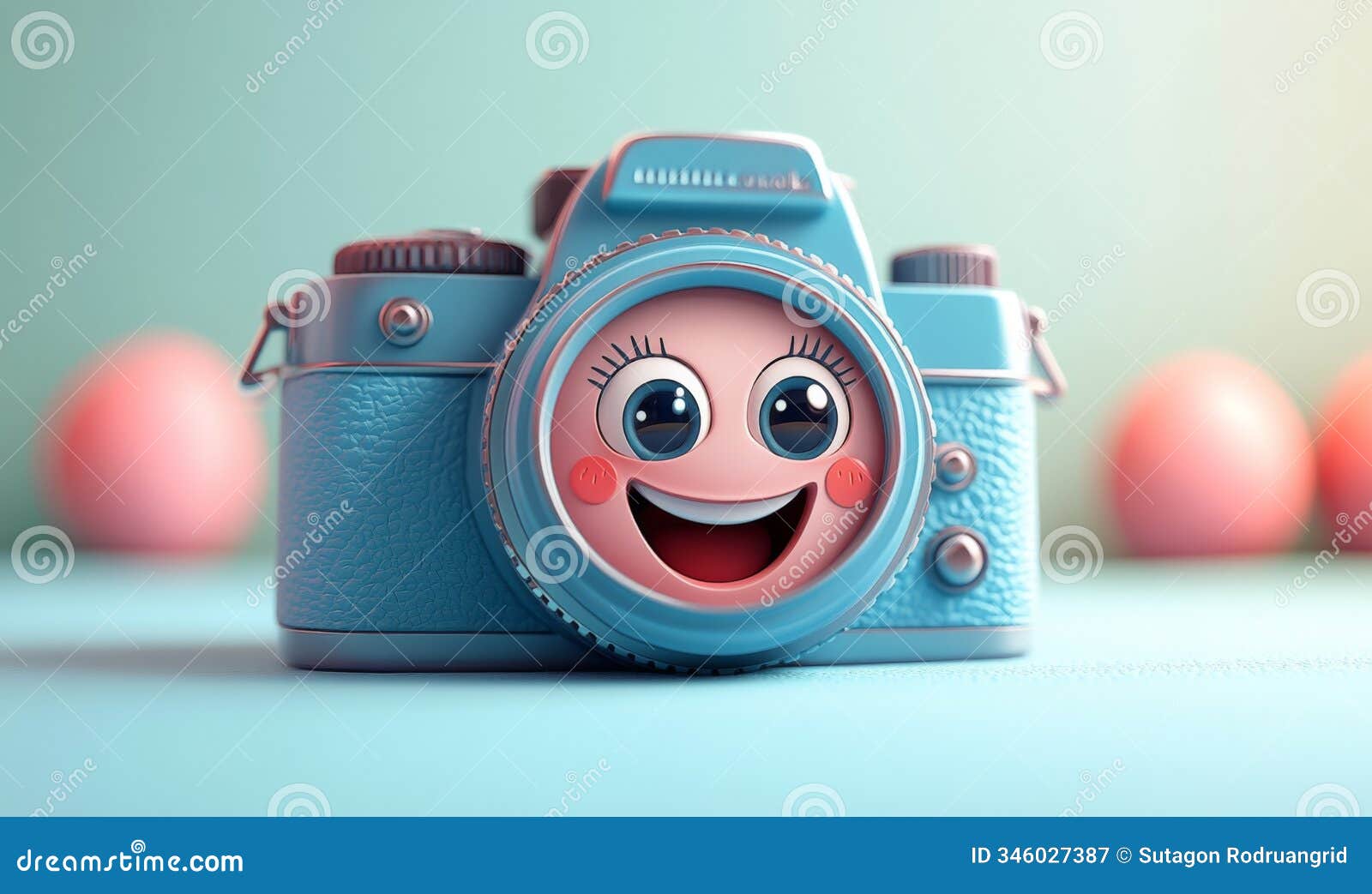 3d cartoon camera with a wide lens, capturing a smiling face, photography-themed icon