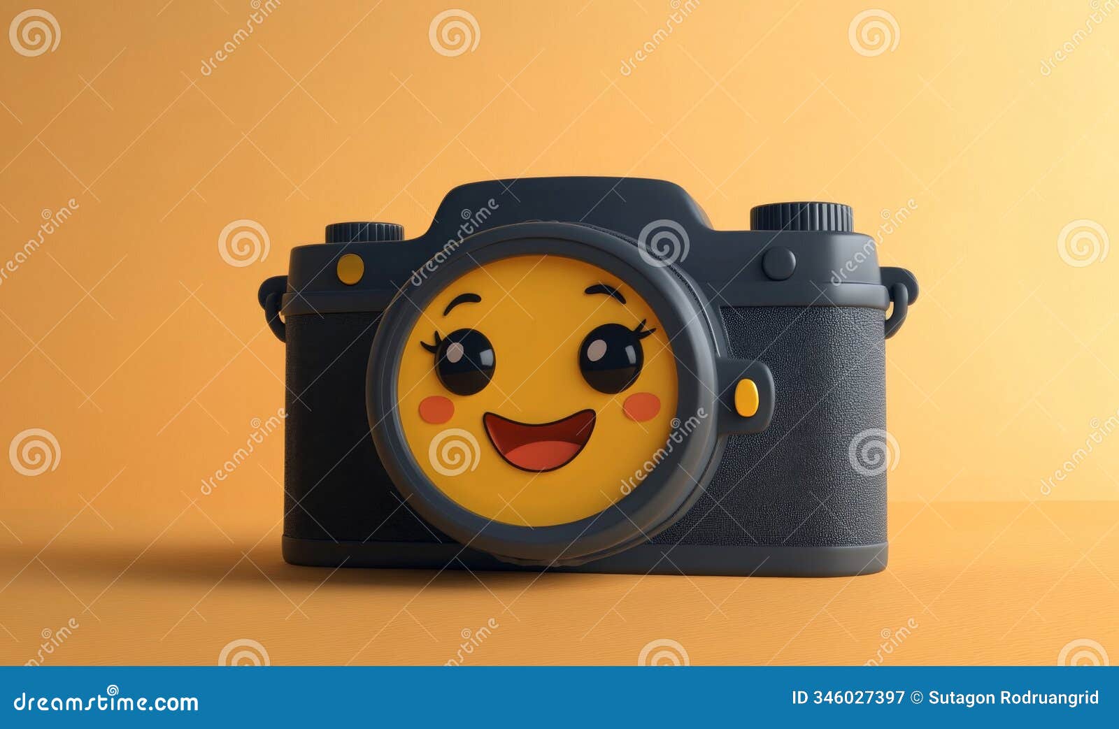 3d cartoon camera with a wide lens, capturing a smiling face, photography-themed icon