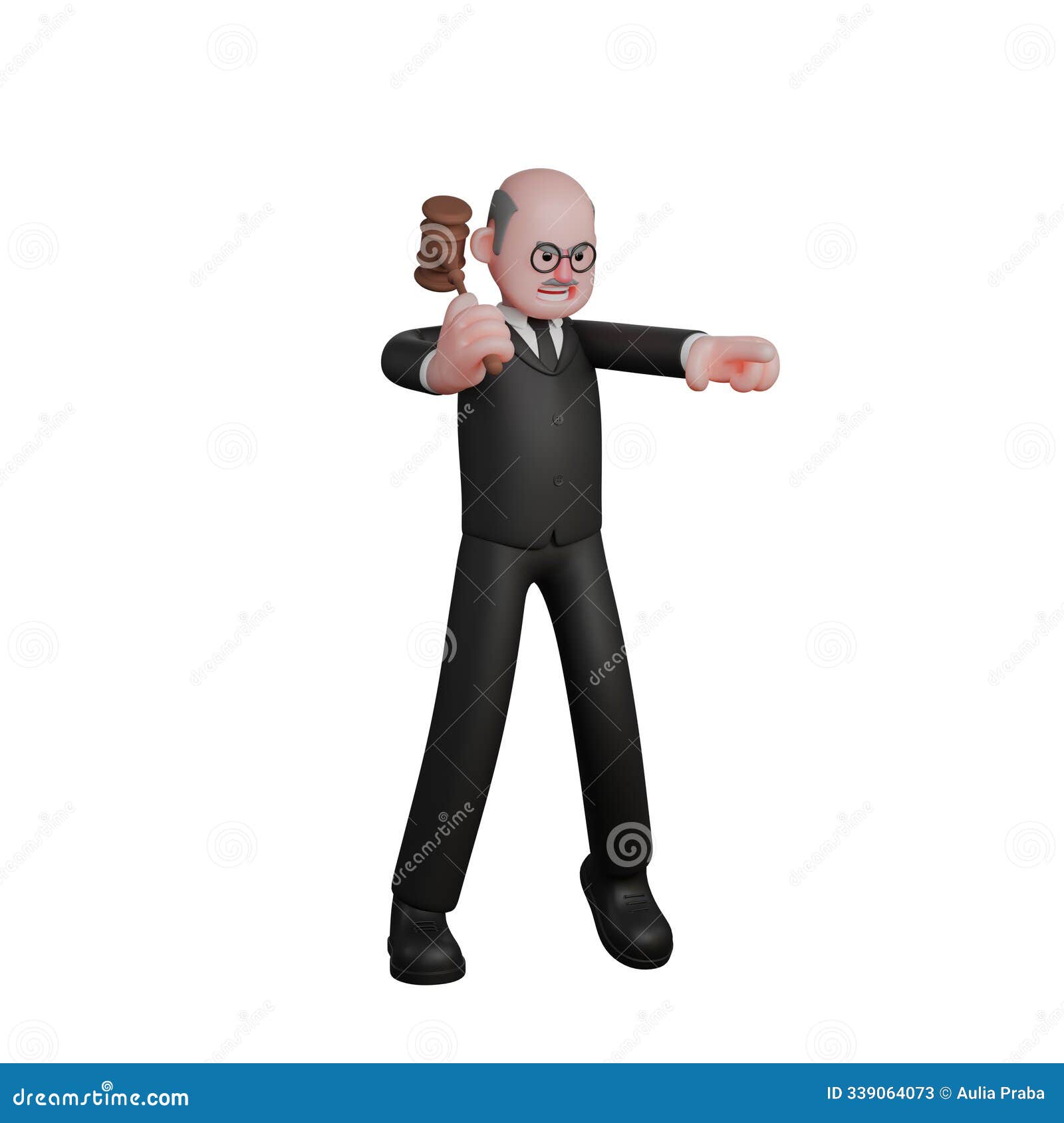 a judge stands with his right hand holding a judge's gavel and his left hand pointing forward