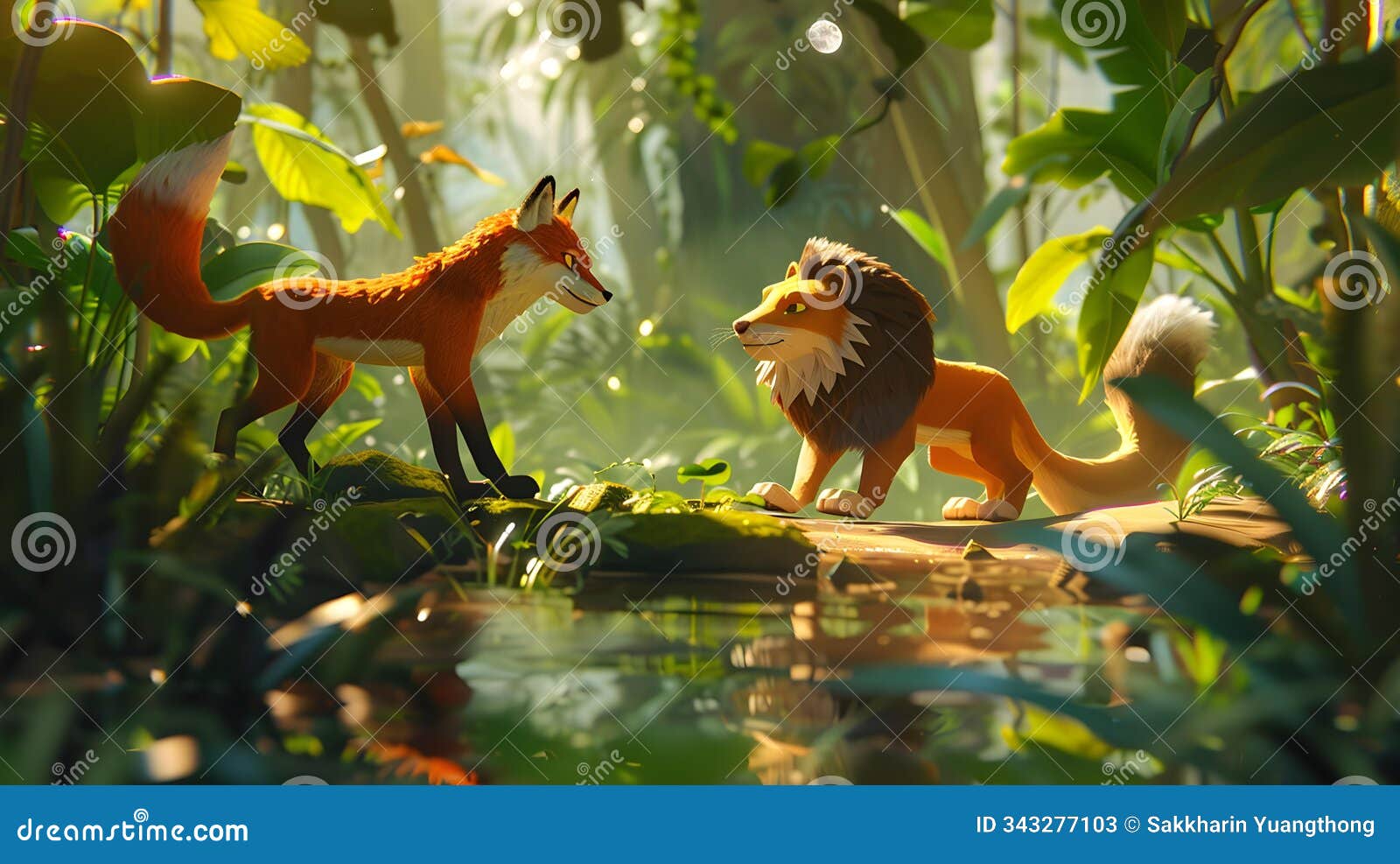 3d cartoon fox and lion in lush jungle setting generative ai