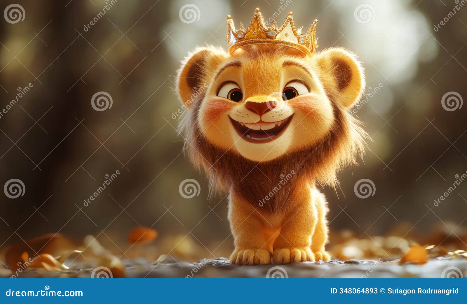 3d cartoon lion cub standing on two legs with a big smile, wearing a tiny crown, cheerful and regal