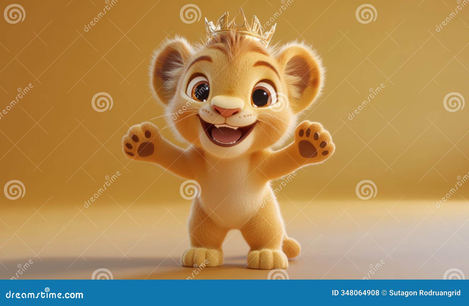 3d cartoon lion cub standing on two legs with a big smile, wearing a tiny crown, cheerful and regal