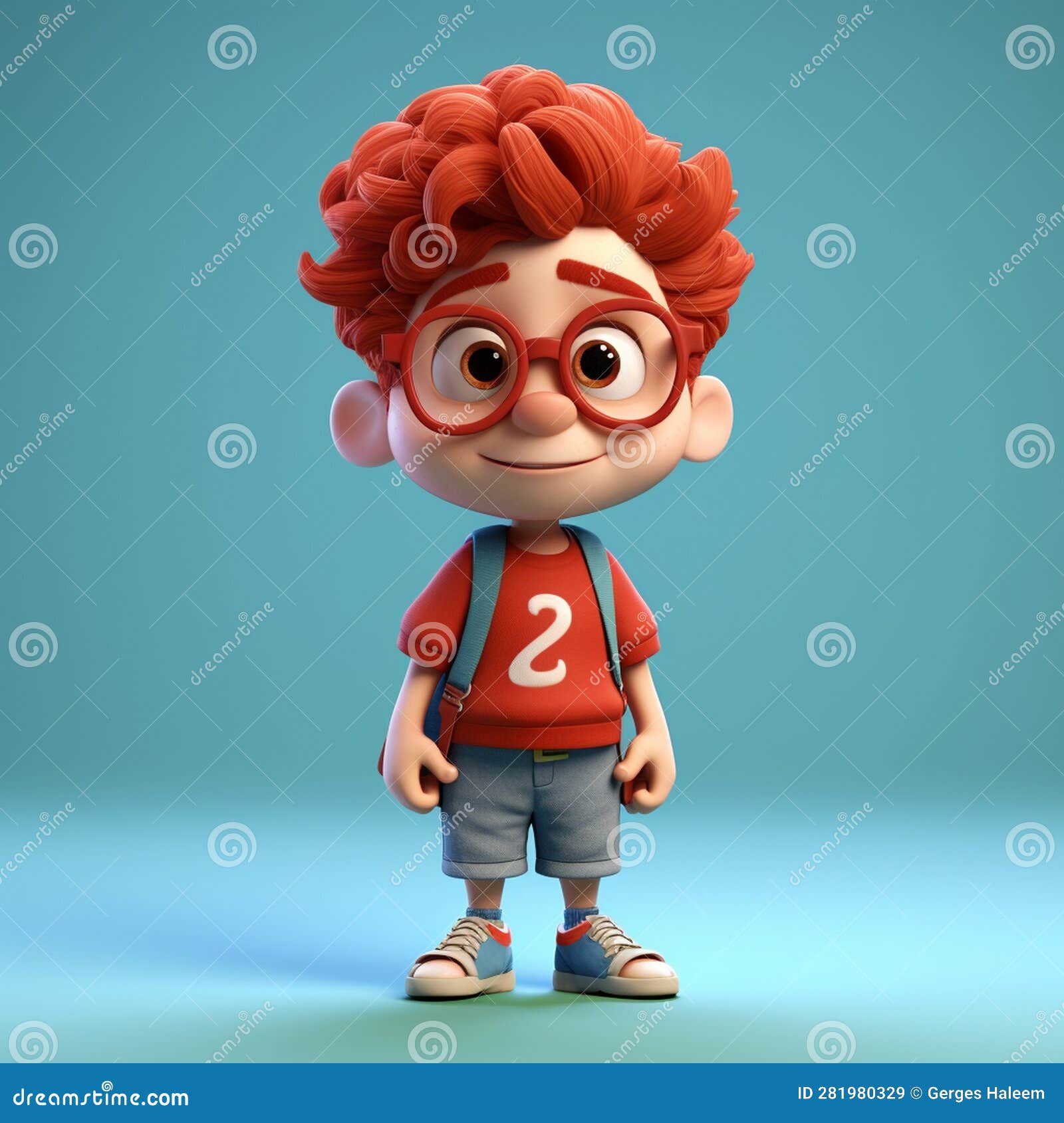 3D Cartoon Little Boy Red Hair Freckled Face Glasses on a White ...