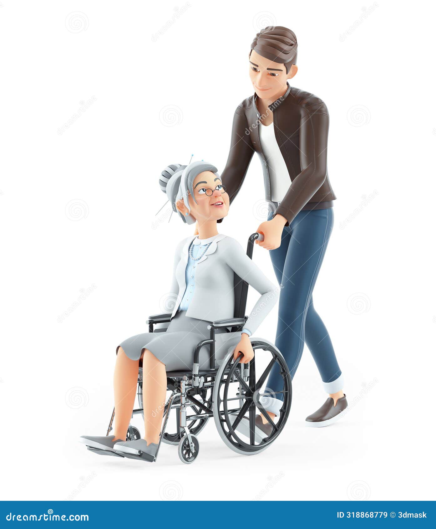 3d cartoon man pushing granny in wheelchair