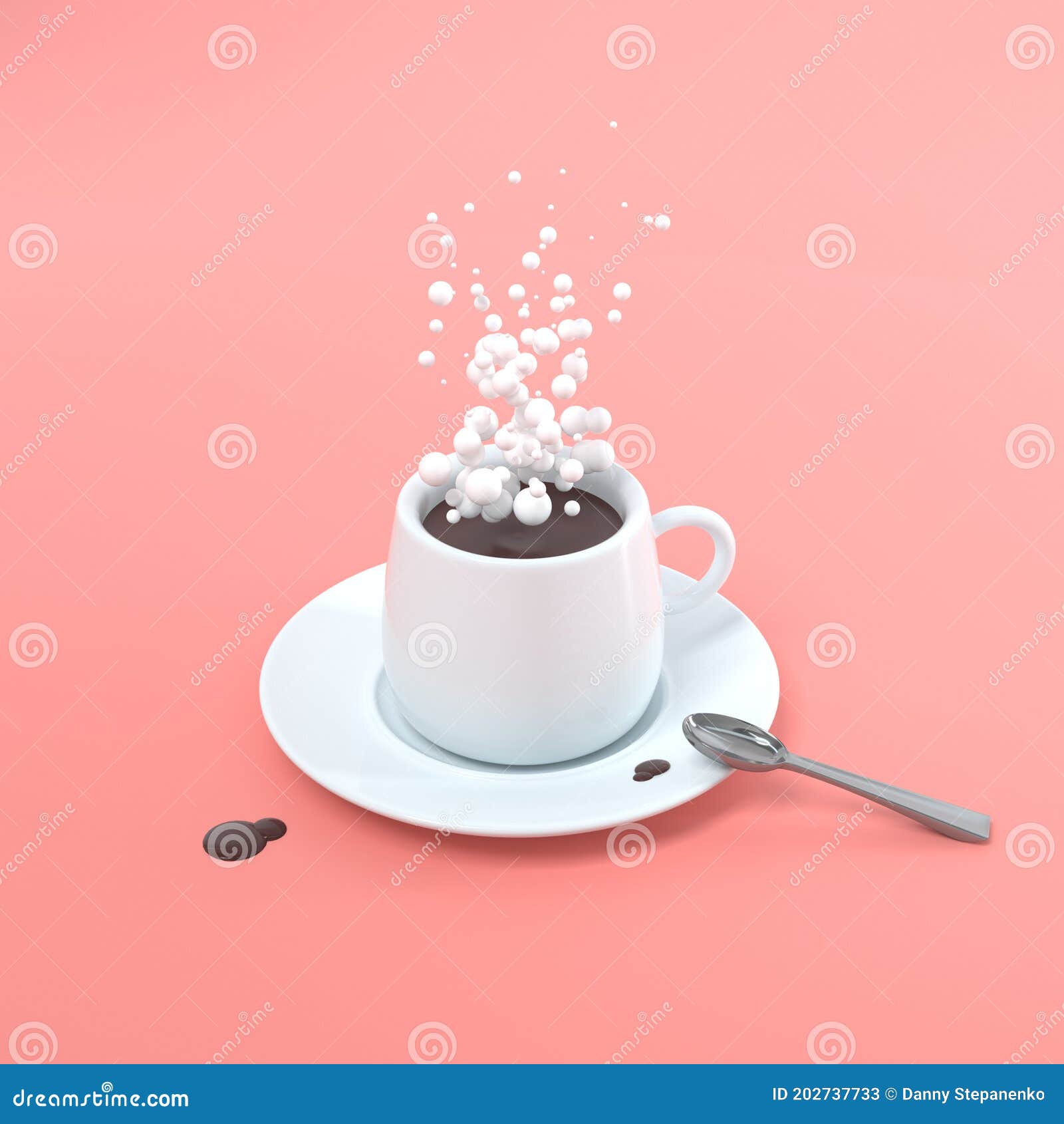 3d Cartoon Quick Breakfast, a Hot Coffee Set, Hot Chocolate, Tea with Spoon  on Pastel Pink Background. Coffee Break Time Stock Illustration -  Illustration of design, decoration: 202737733