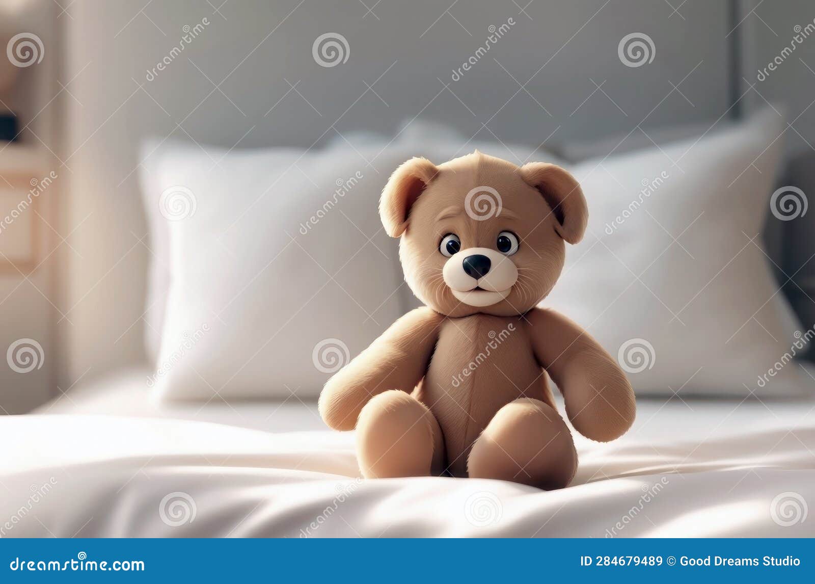 3d cartoon style. plush teddy bear. collectable teddy bear on the bed