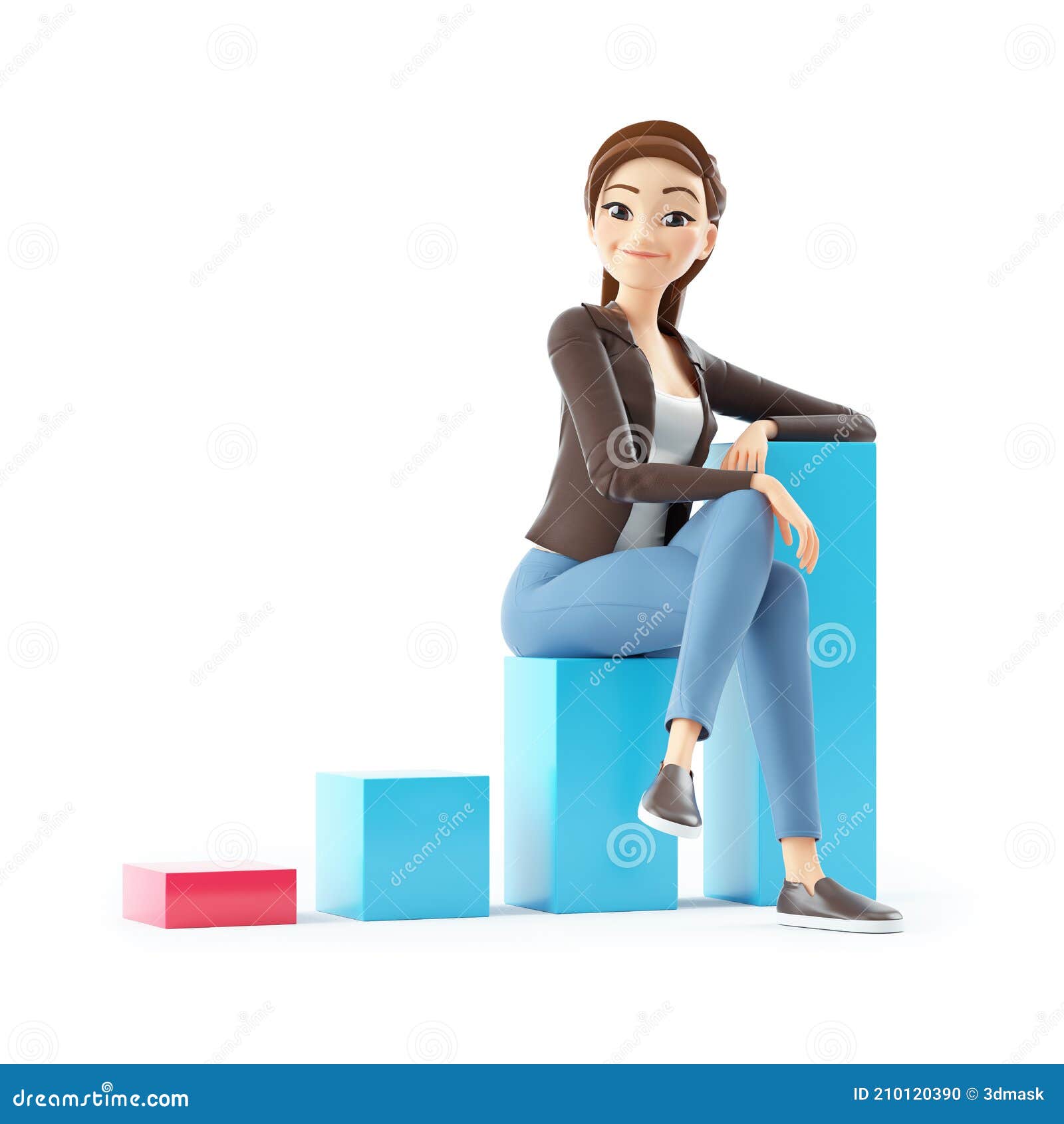 3d Cartoon Woman Sitting on Bar Graph Stock Illustration - Illustration of  financial, character: 210120390